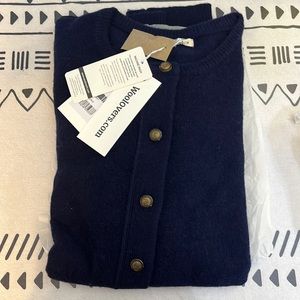 Woolover lambs wool crew cardigan in navy. Medium.